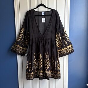 NEW Black Gold Geometric Greek Printed Midi Dress M Summer Beach Boho Resortwear